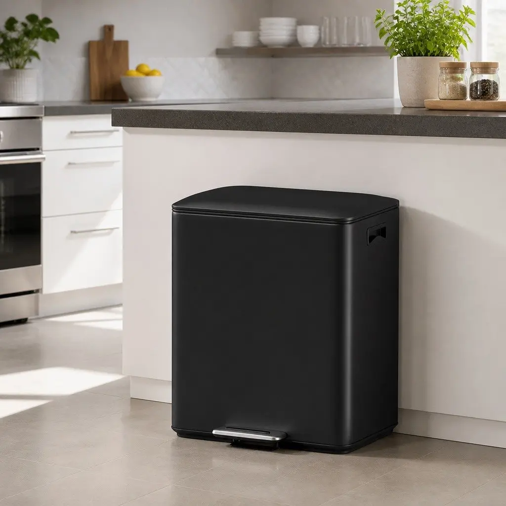 Pedal Bins Dual Compartment Waste Recycle Rubbish Bin 40L Black Kitchen Dustbin