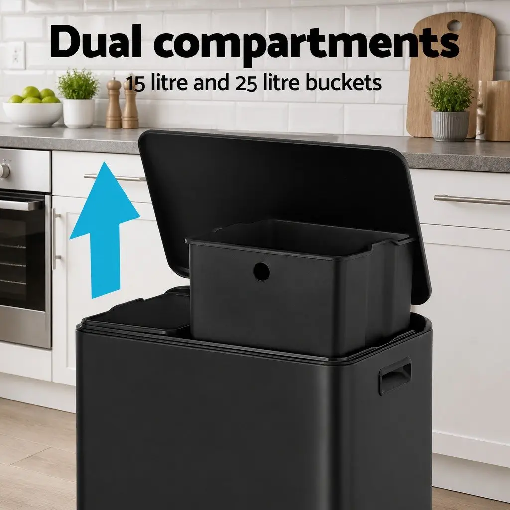 Pedal Bins Dual Compartment Waste Recycle Rubbish Bin 40L Black Kitchen Dustbin