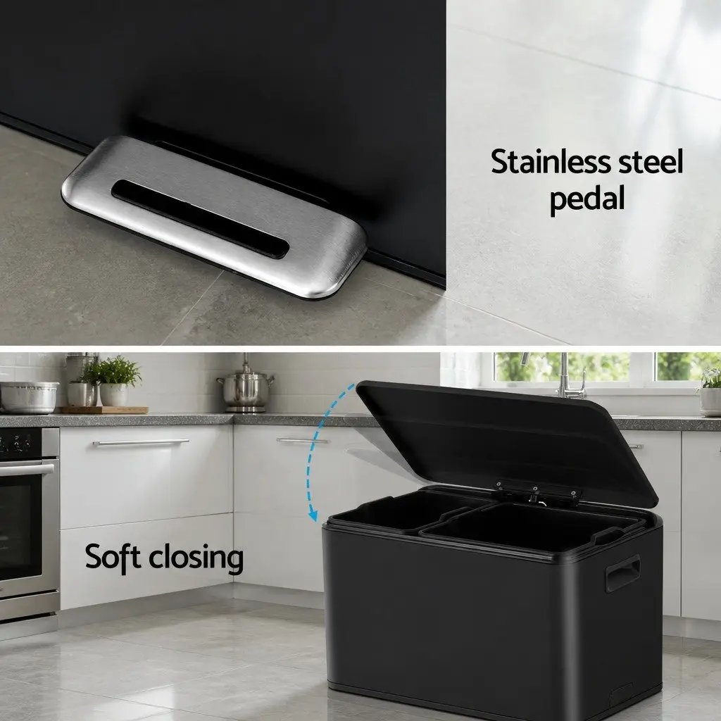 Pedal Bins Dual Compartment Waste Recycle Rubbish Bin 40L Black Kitchen Dustbin