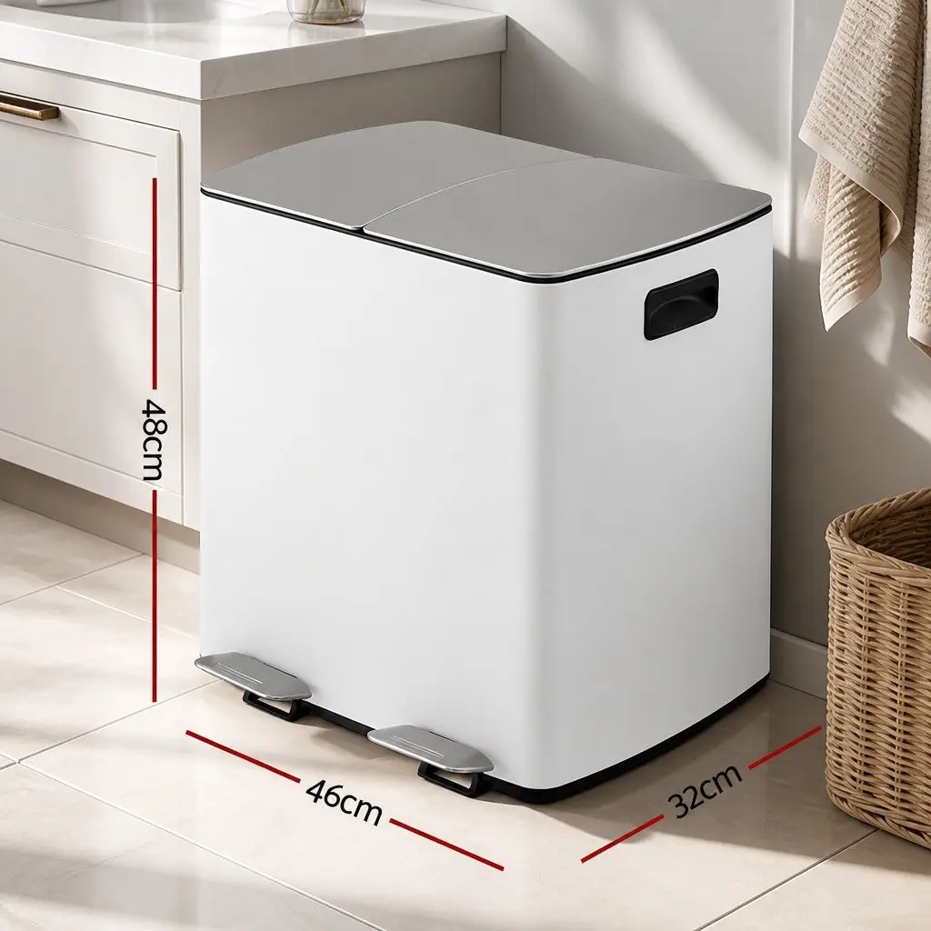 Pedal Bin Dual Compartment Waste Recycle Dustbin 40L White Kitchen