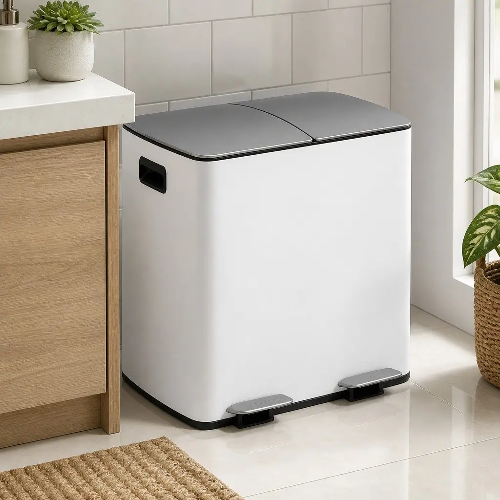 Pedal Bin Dual Compartment Waste Recycle Dustbin 40L White Kitchen
