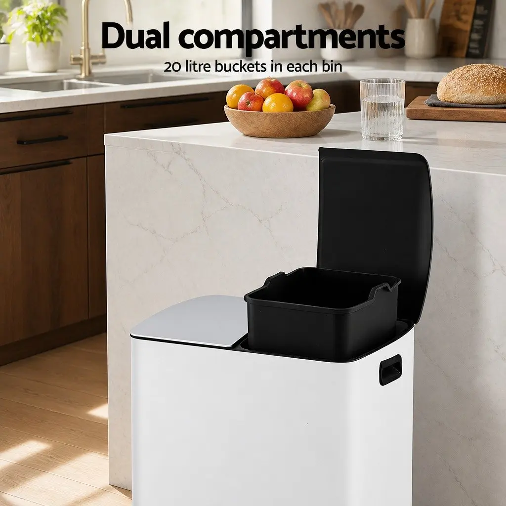 Pedal Bin Dual Compartment Waste Recycle Dustbin 40L White Kitchen
