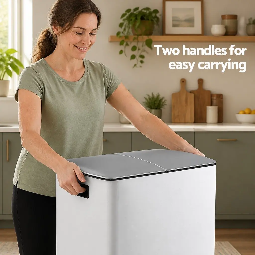 Pedal Bin Dual Compartment Waste Recycle Dustbin 40L White Kitchen
