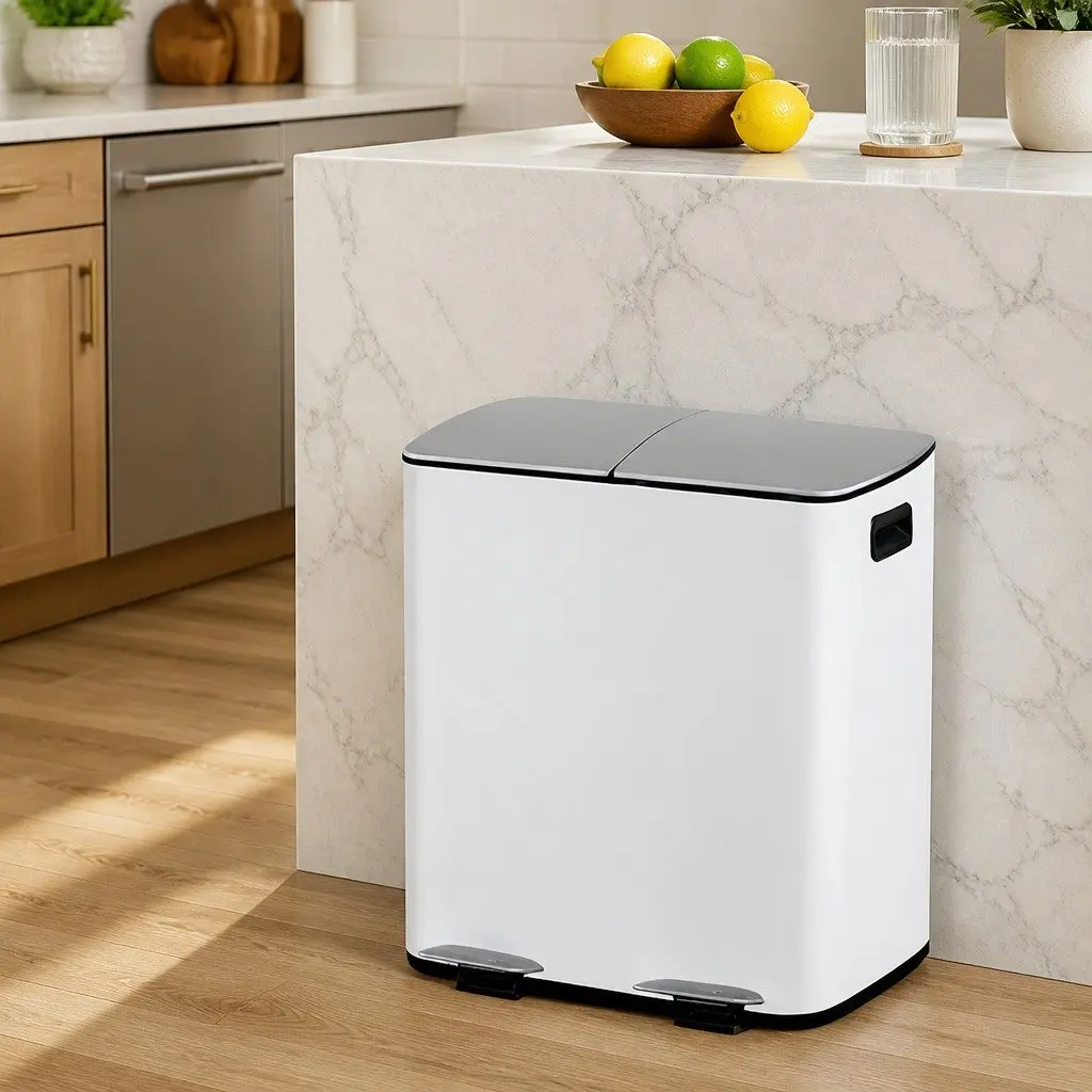 Pedal Bin Dual Compartment Waste Recycle Dustbin 40L White Kitchen