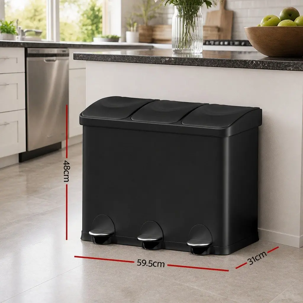 Pedal Bins Kitchen Use Triple Compartment 45L Black