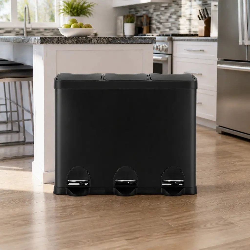 Pedal Bins Kitchen Use Triple Compartment 45L Black
