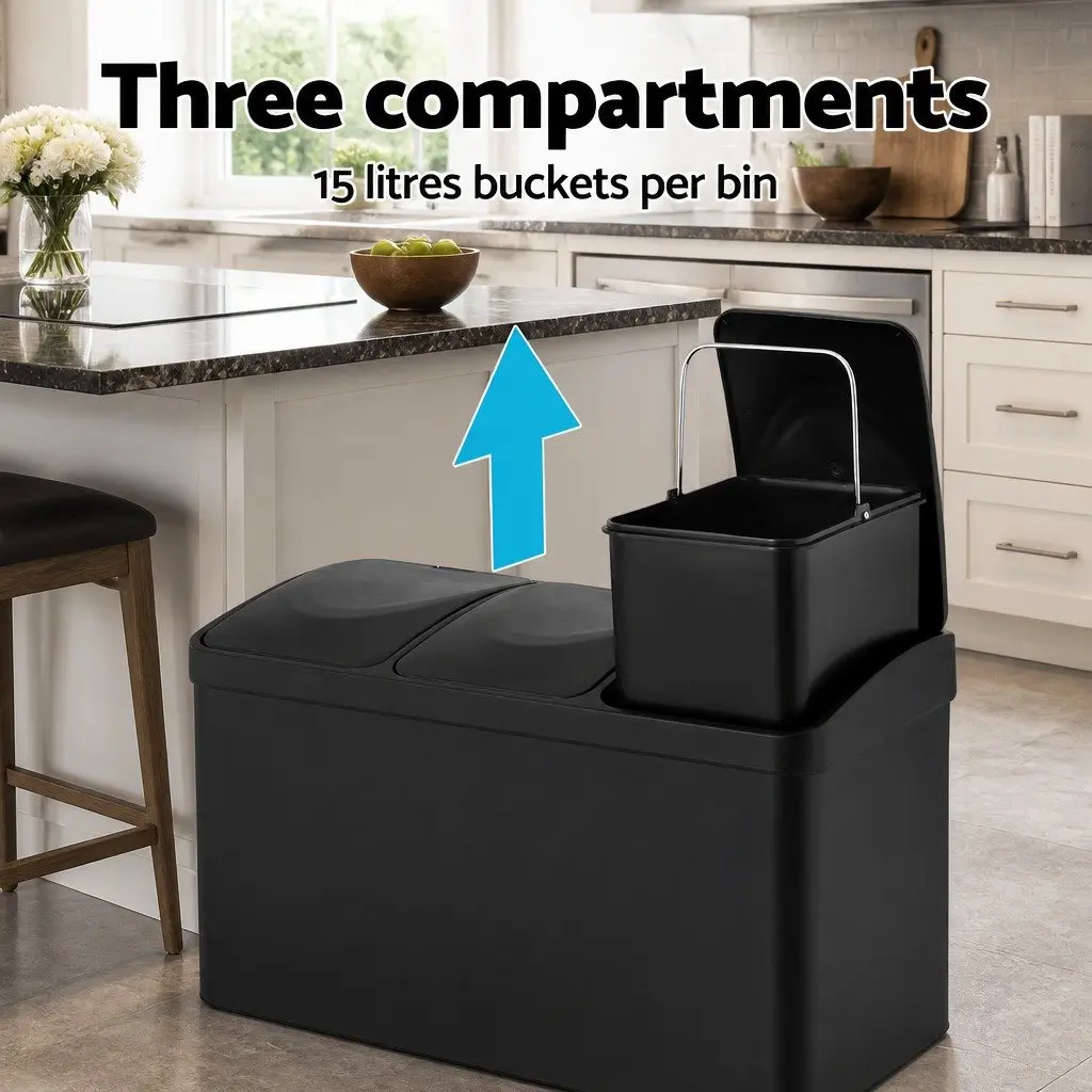 Pedal Bins Kitchen Use Triple Compartment 45L Black