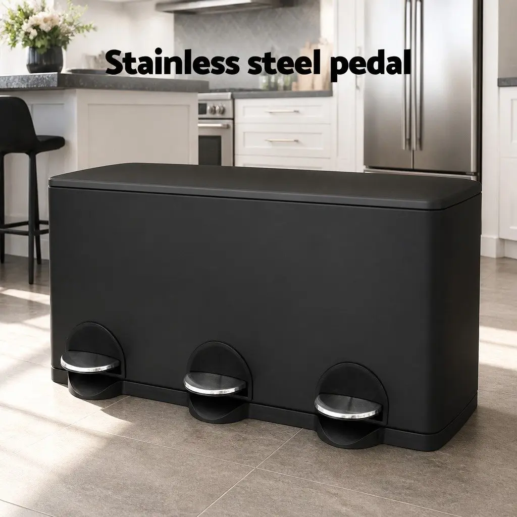 Pedal Bins Kitchen Use Triple Compartment 45L Black