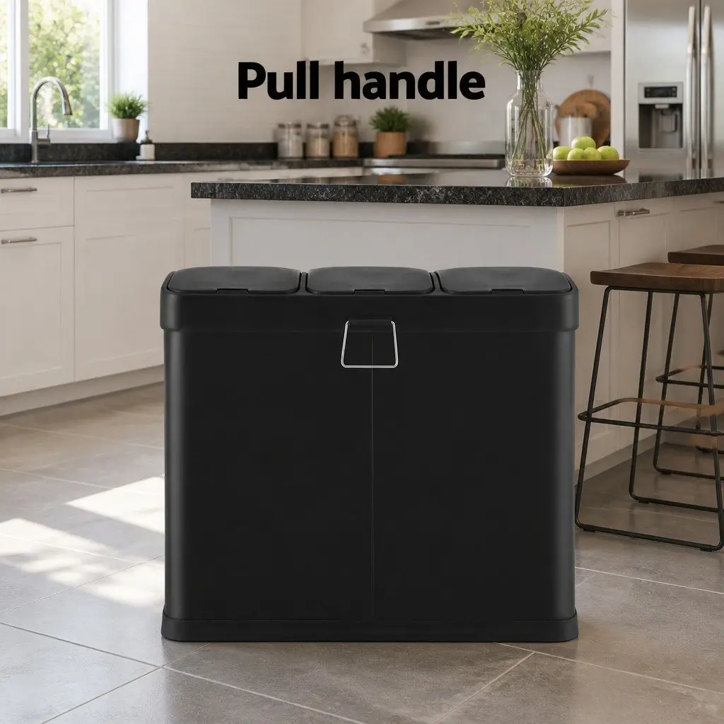 Pedal Bins Kitchen Use Triple Compartment 45L Black