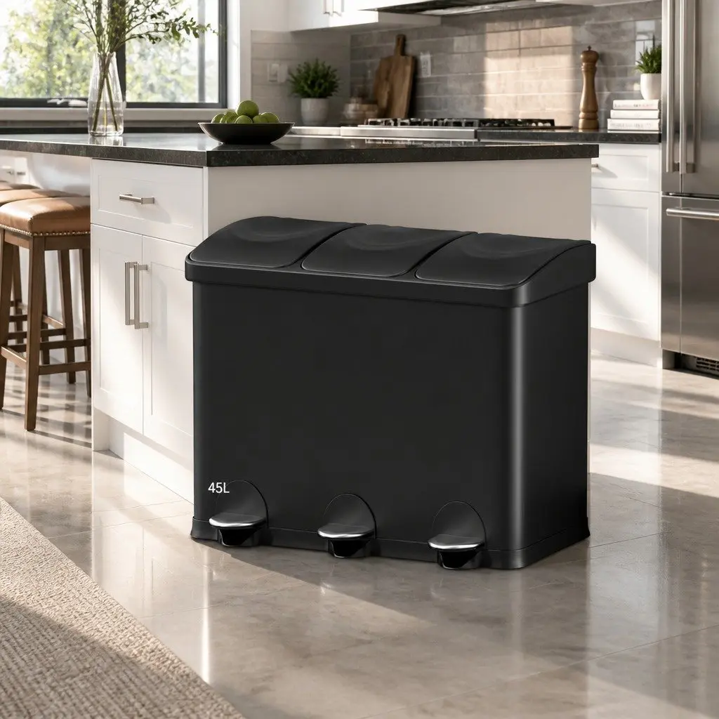 Pedal Bins Kitchen Use Triple Compartment 45L Black