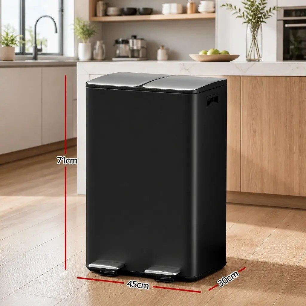 60L Black Dual Compartment Pedal Bin