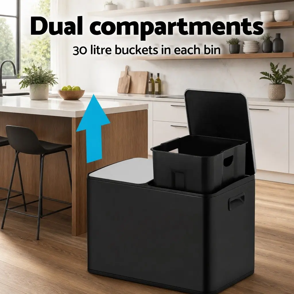 60L Black Dual Compartment Pedal Bin