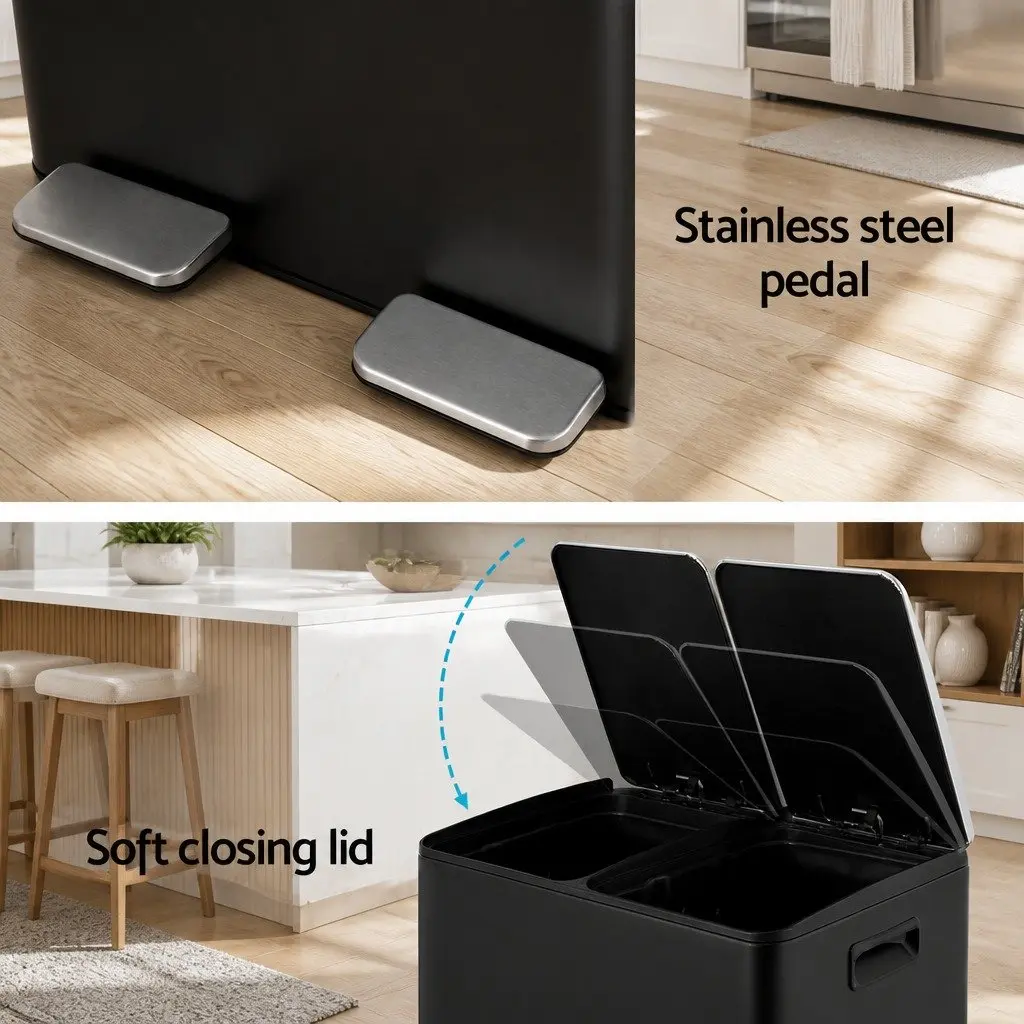 60L Black Dual Compartment Pedal Bin