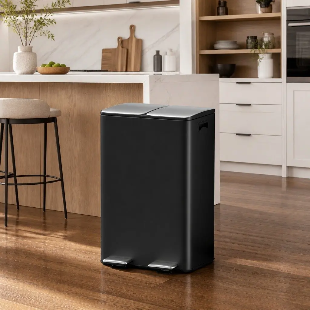 60L Black Dual Compartment Pedal Bin