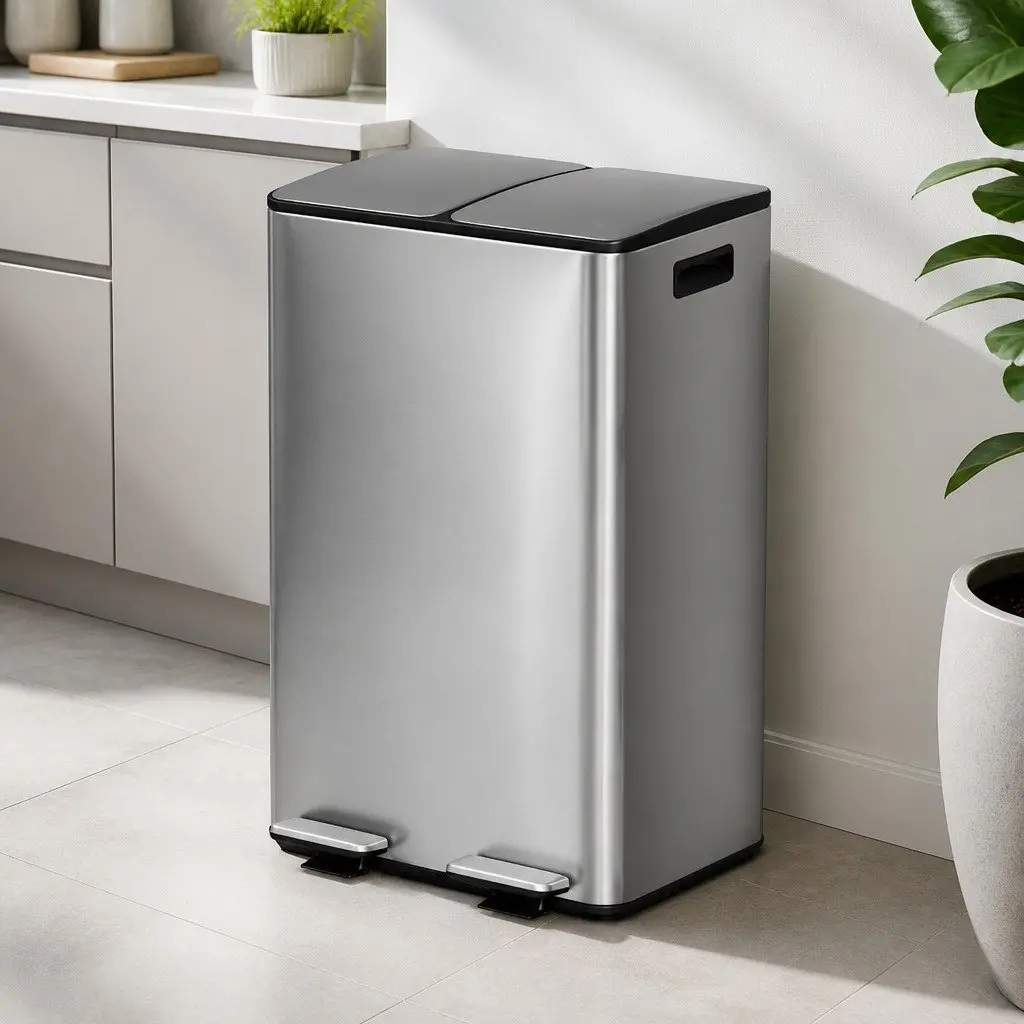 60L Silver Dual Compartment Waste Bin
