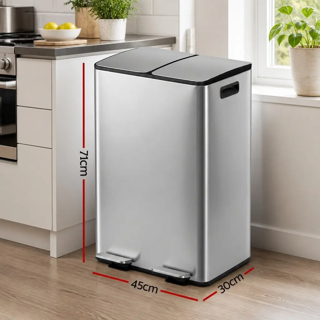 Pedal Bin Kitchen 60L Dual Compartment Waste Recycle Dustbin Silver