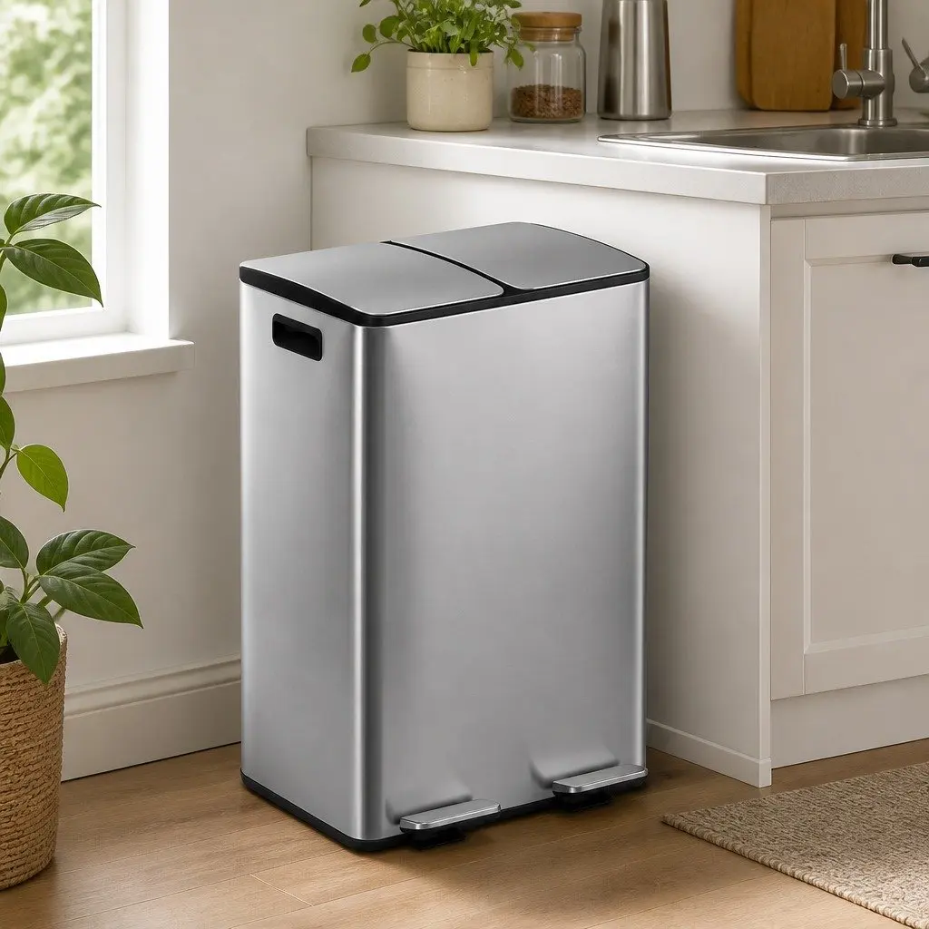 Pedal Bin Kitchen 60L Dual Compartment Waste Recycle Dustbin Silver