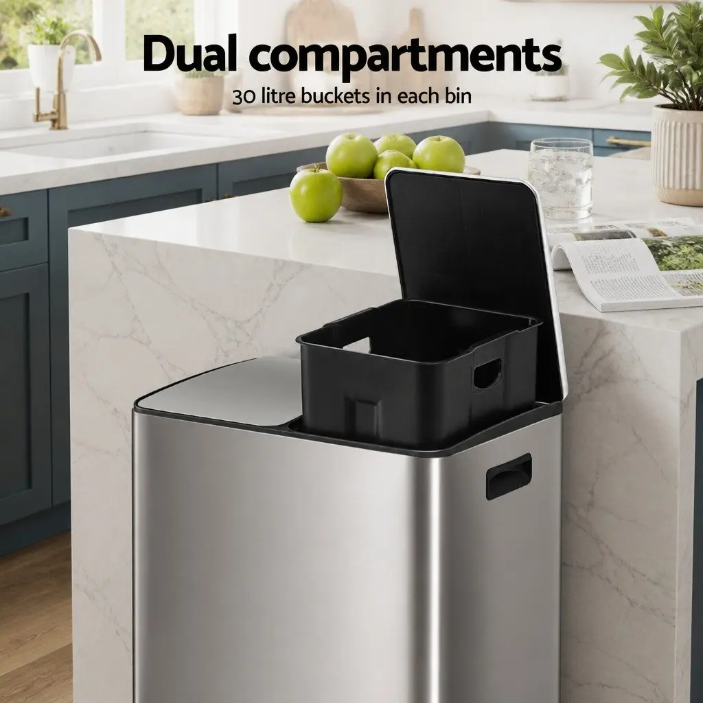Pedal Bin Kitchen 60L Dual Compartment Waste Recycle Dustbin Silver