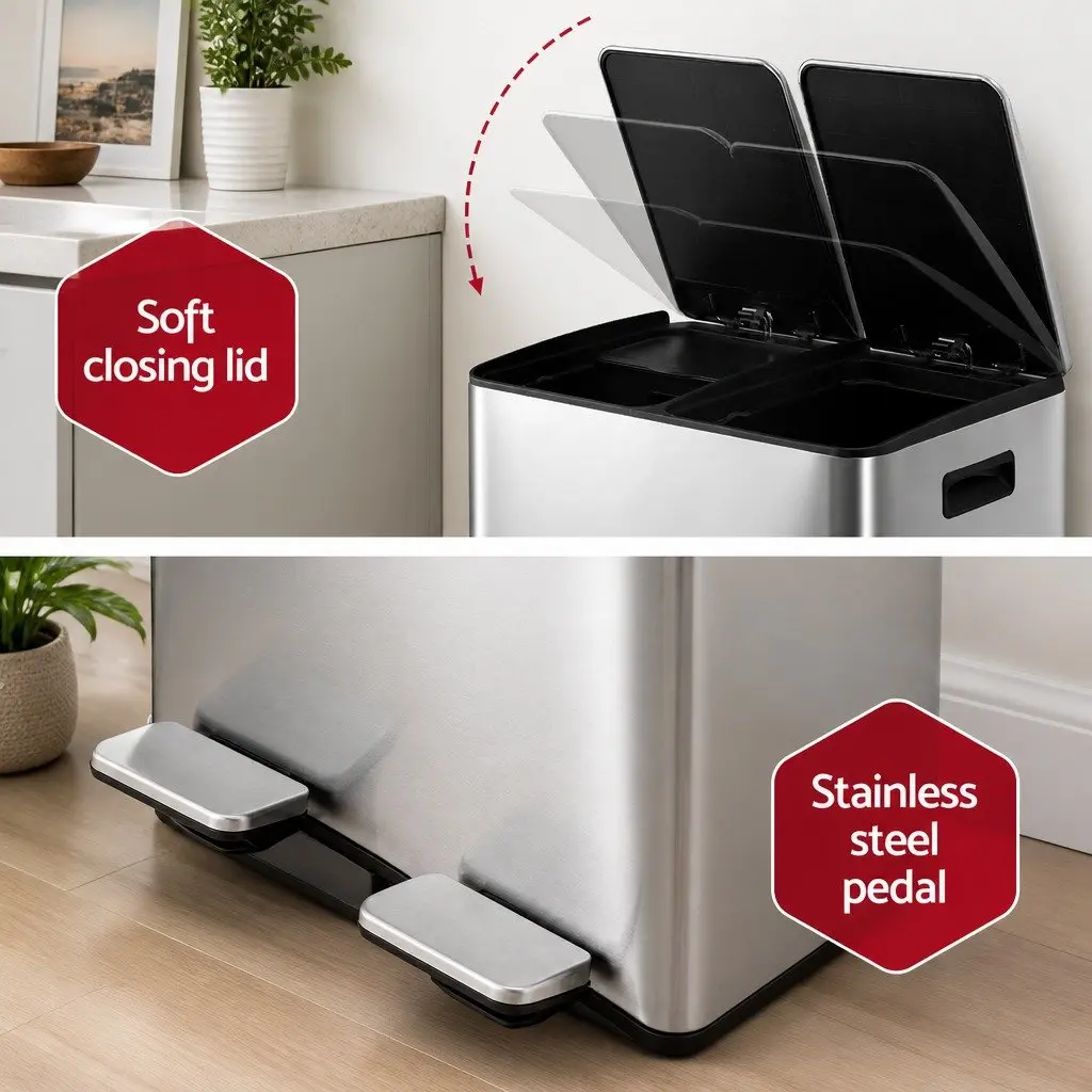 Pedal Bin Kitchen 60L Dual Compartment Waste Recycle Dustbin Silver