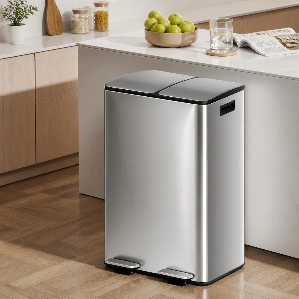 Pedal Bin Kitchen 60L Dual Compartment Waste Recycle Dustbin Silver