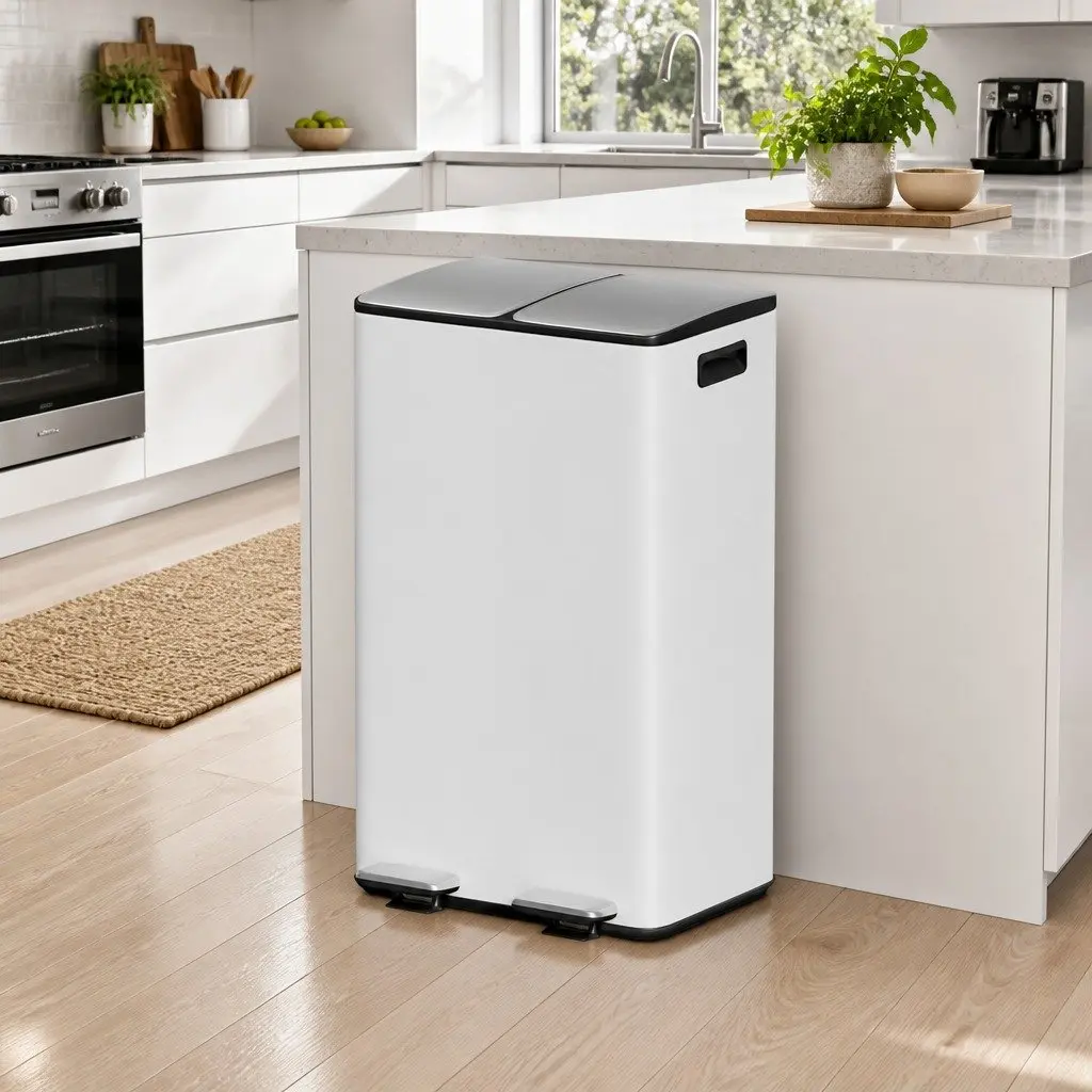 60L White Pedal Bin with Dual Compartments