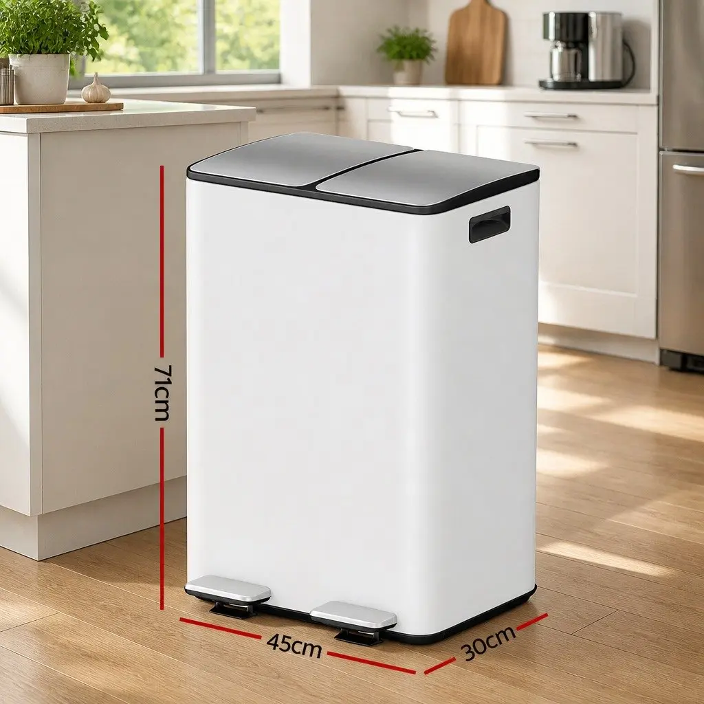 Pedal Bin Dual Compartment Waste Recycle Dustbin 60L White Kitchen