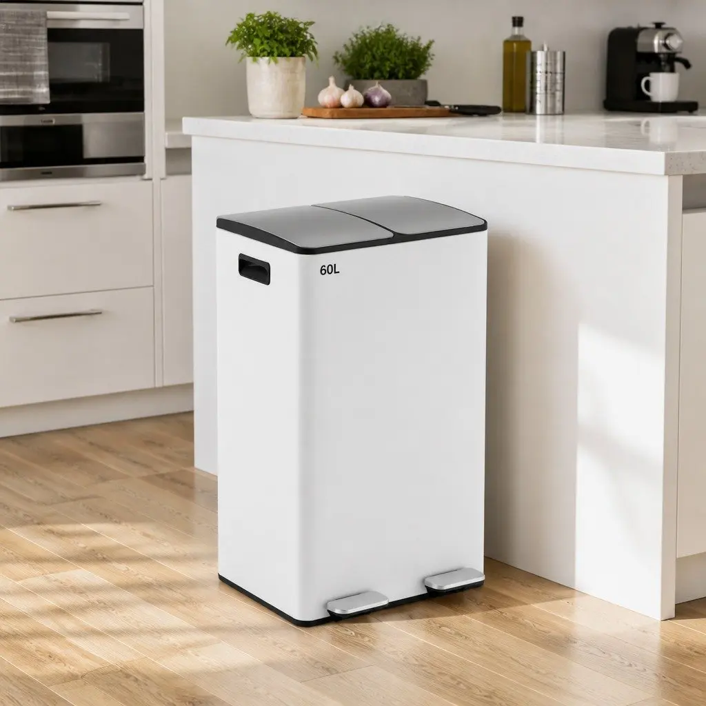 Pedal Bin Dual Compartment Waste Recycle Dustbin 60L White Kitchen