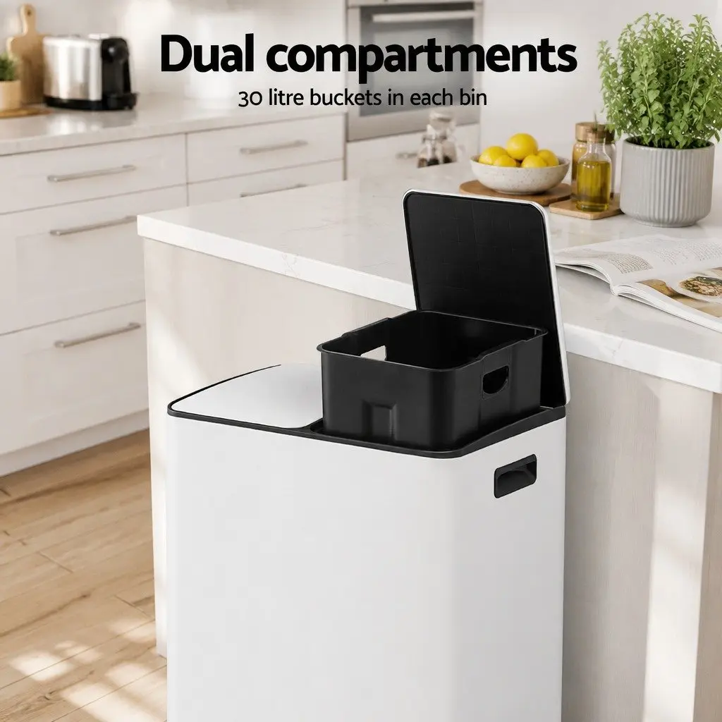 Pedal Bin Dual Compartment Waste Recycle Dustbin 60L White Kitchen