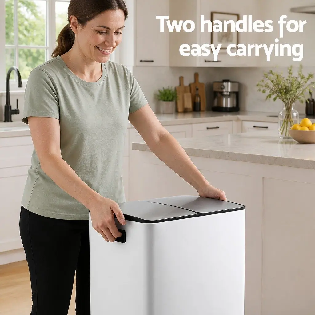 Pedal Bin Dual Compartment Waste Recycle Dustbin 60L White Kitchen
