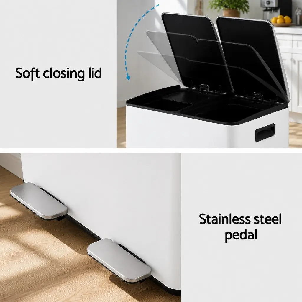 Pedal Bin Dual Compartment Waste Recycle Dustbin 60L White Kitchen