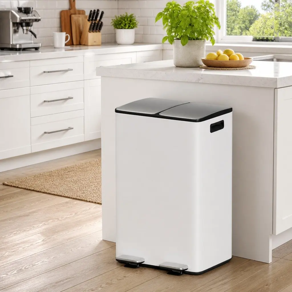 Pedal Bin Dual Compartment Waste Recycle Dustbin 60L White Kitchen