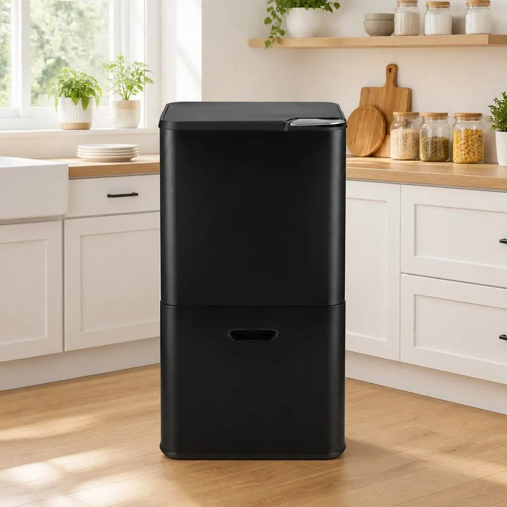 63L Pull Out Rubbish Bin Kitchen Black 3 Compartment Split Door Trash Can