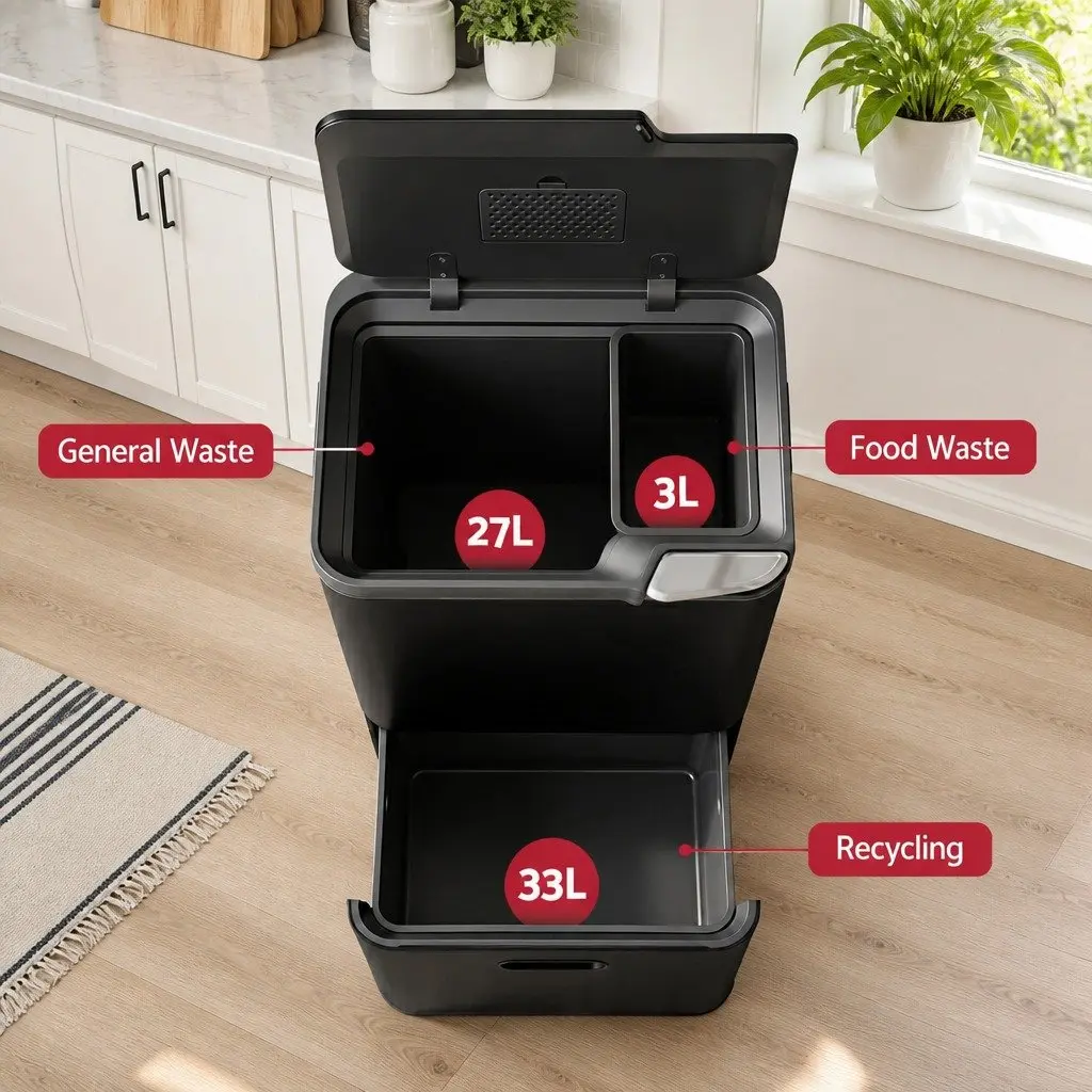 63L Pull Out Rubbish Bin Kitchen Black 3 Compartment Split Door Trash Can