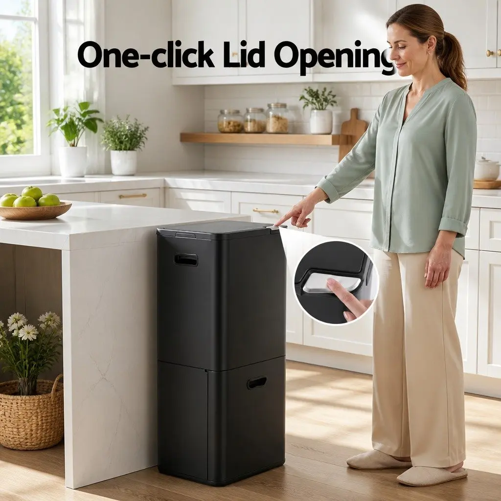 63L Pull Out Rubbish Bin Kitchen Black 3 Compartment Split Door Trash Can