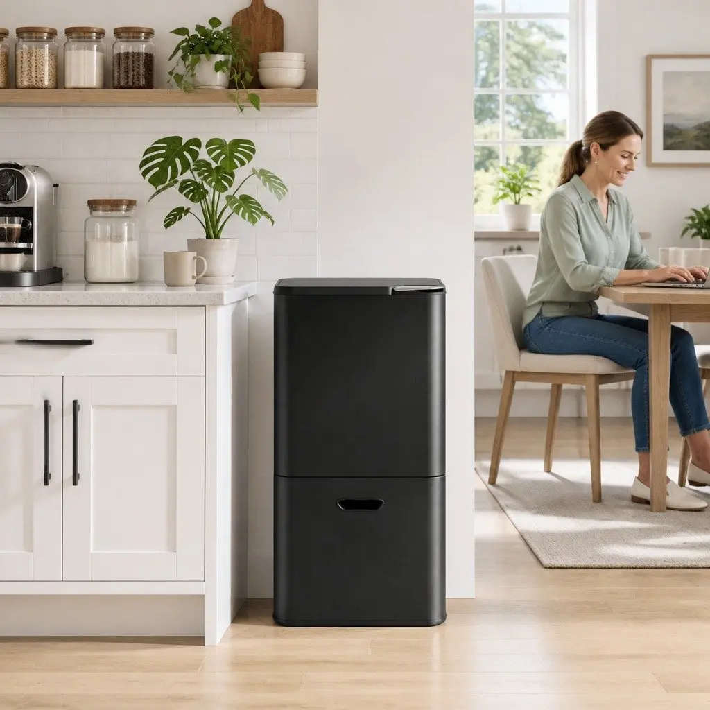 63L Pull Out Rubbish Bin Kitchen Black 3 Compartment Split Door Trash Can