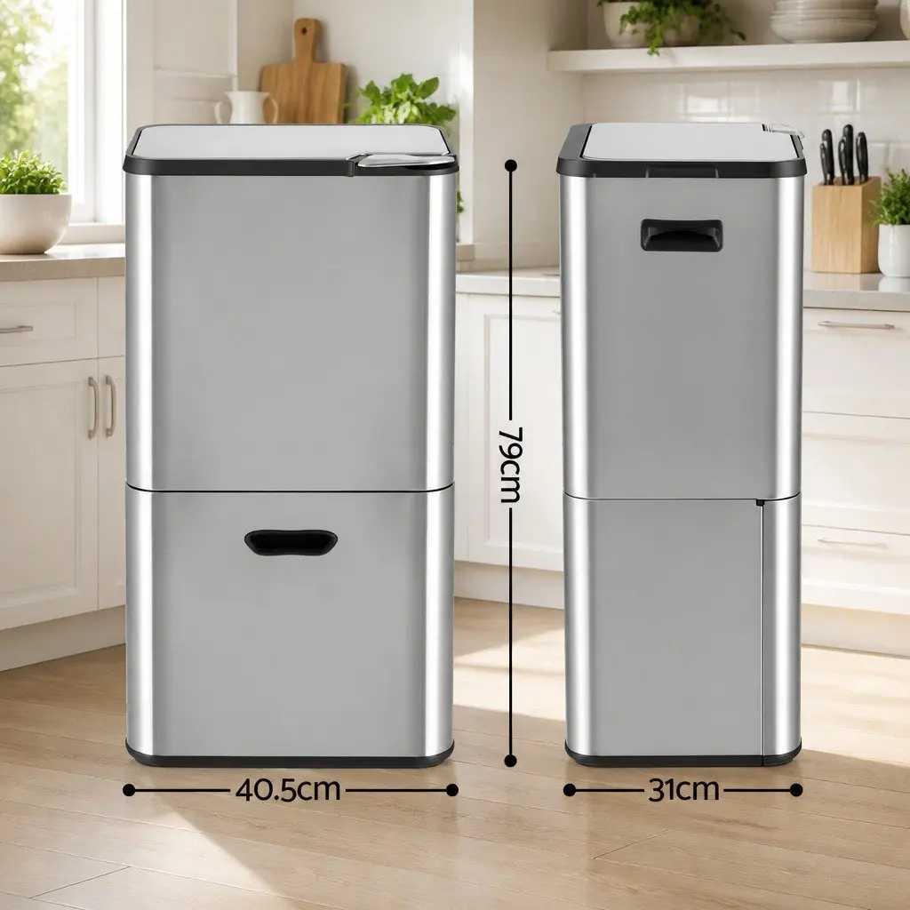 Pull Out Rubbish Bin Kitchen 63L Stainless Steel 3 Compartment Split Door Trash Can