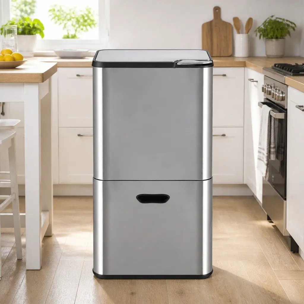 Pull Out Rubbish Bin Kitchen 63L Stainless Steel 3 Compartment Split Door Trash Can