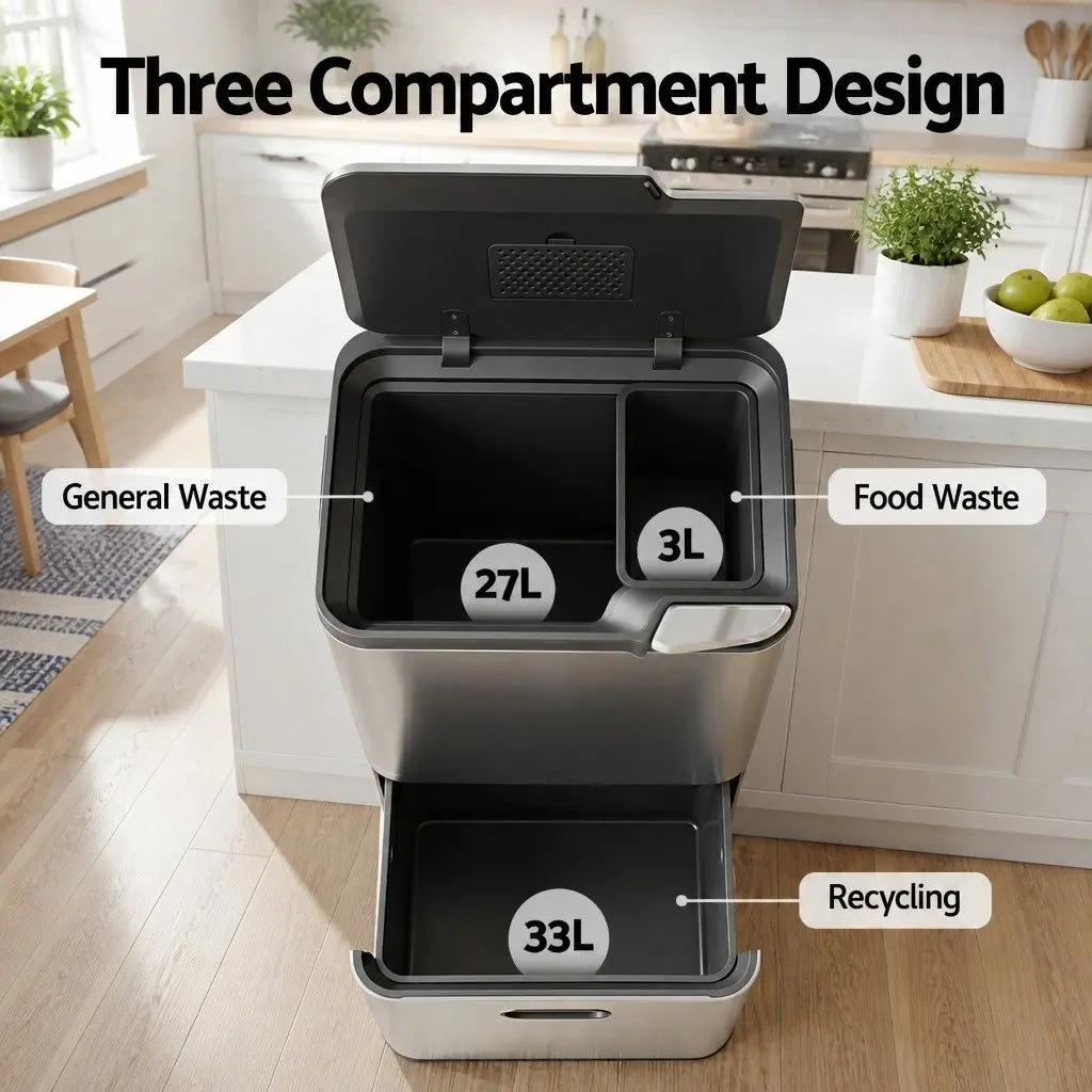 Pull Out Rubbish Bin Kitchen 63L Stainless Steel 3 Compartment Split Door Trash Can