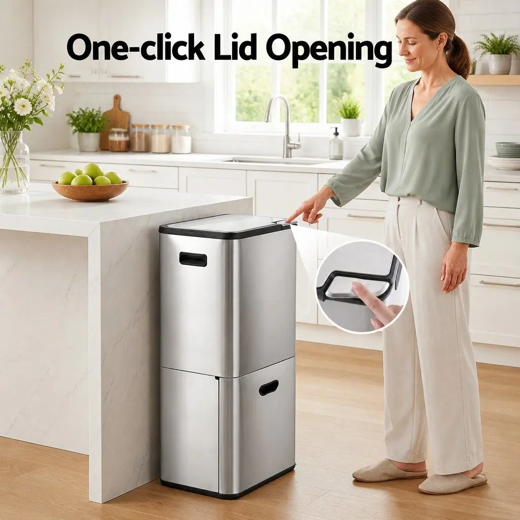 Pull Out Rubbish Bin Kitchen 63L Stainless Steel 3 Compartment Split Door Trash Can