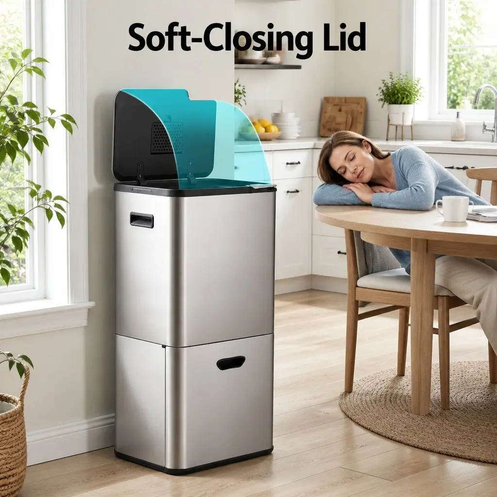 Pull Out Rubbish Bin Kitchen 63L Stainless Steel 3 Compartment Split Door Trash Can