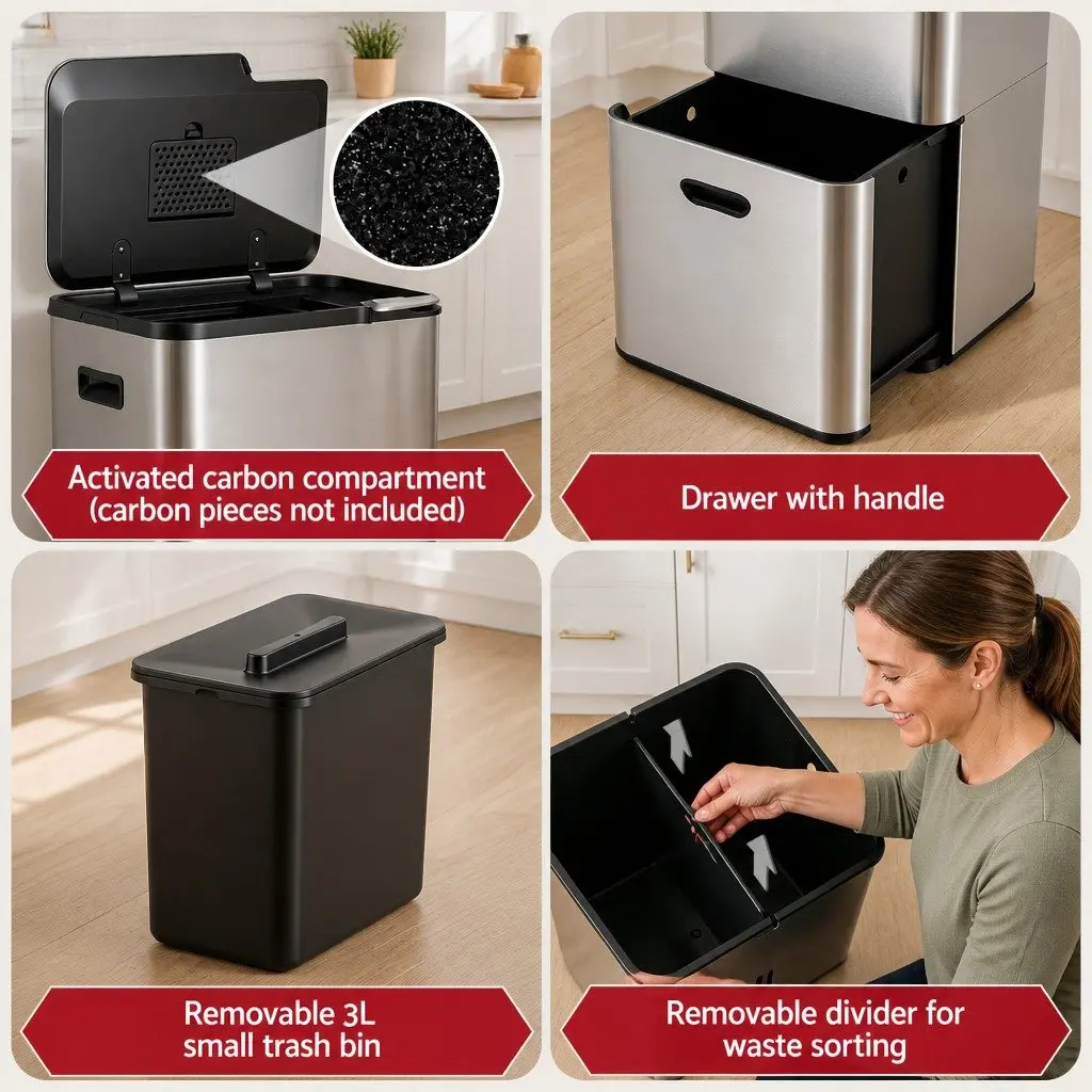 Pull Out Rubbish Bin Kitchen 63L Stainless Steel 3 Compartment Split Door Trash Can