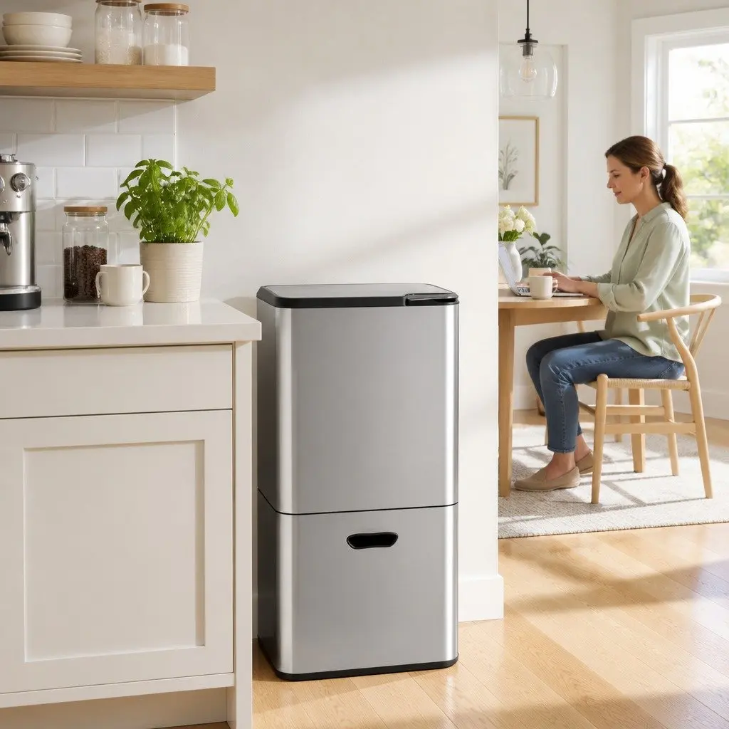 Pull Out Rubbish Bin Kitchen 63L Stainless Steel 3 Compartment Split Door Trash Can