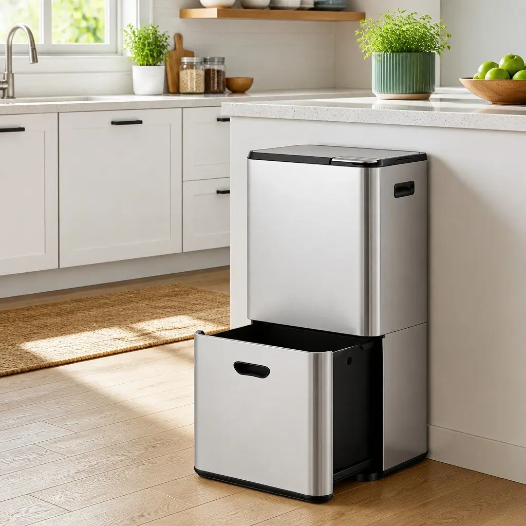 Pull Out Rubbish Bin Kitchen 63L Stainless Steel 3 Compartment Split Door Trash Can