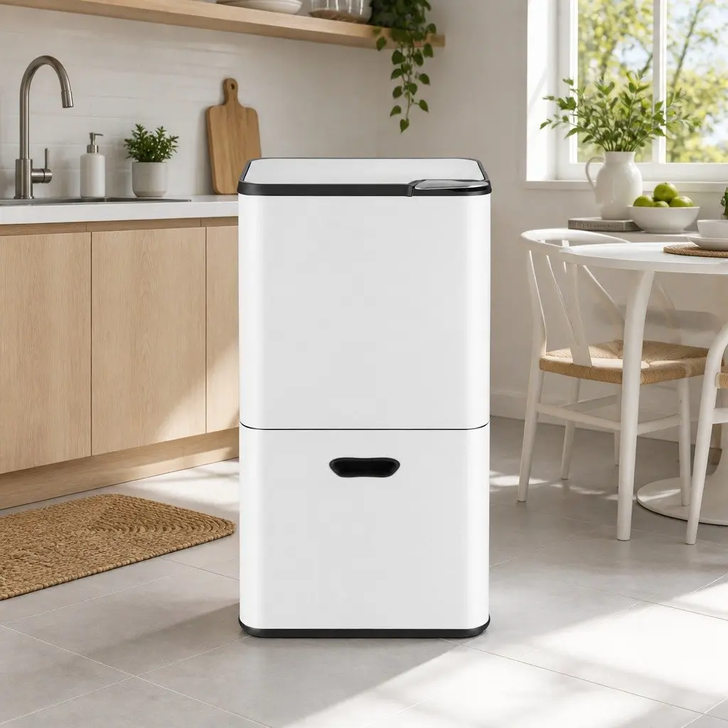 63L Pull Out Rubbish Bin Kitchen Organiser 3 Compartment Split Door Trash Can