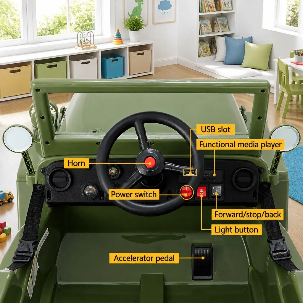 Kids Ride On Car Off-Road Jeep Toy Remote Control Olive Green 12V