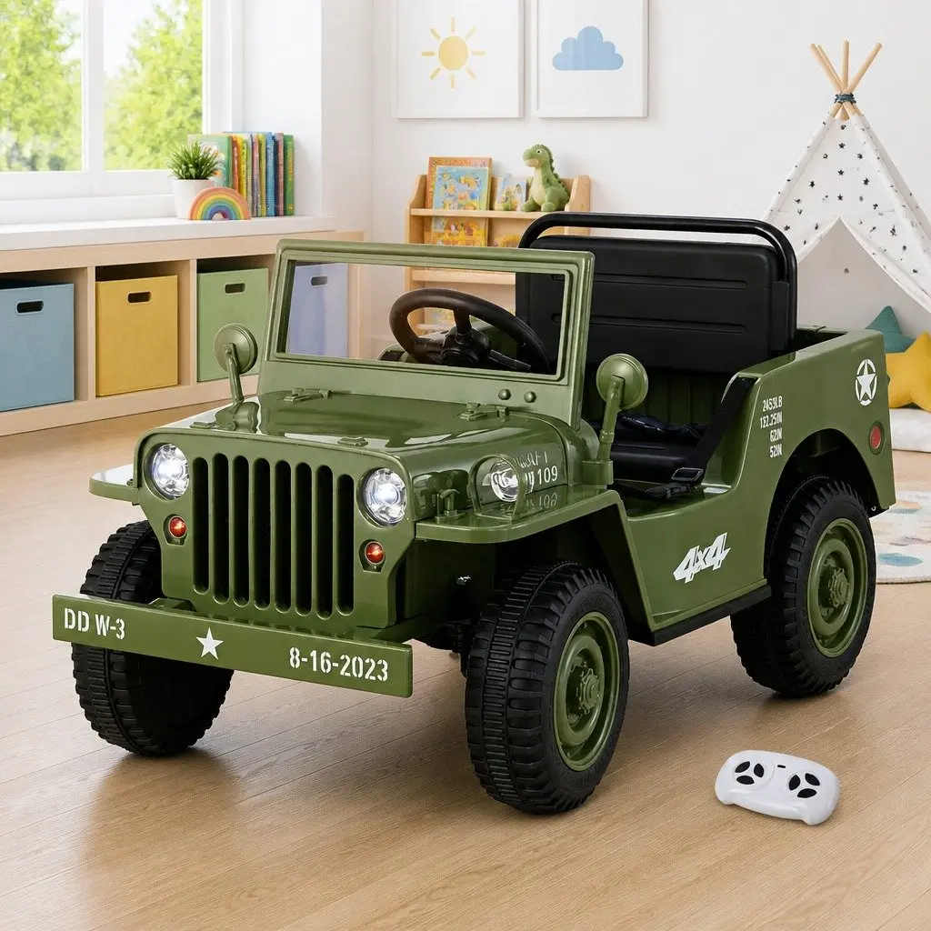 Kids Ride On Car Off-Road Jeep Toy Remote Control Olive Green 12V
