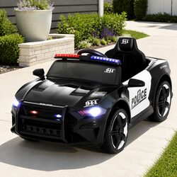 Kids Ride On Police Car 12V Electric Battery Powered Toy Black Steering Wheel