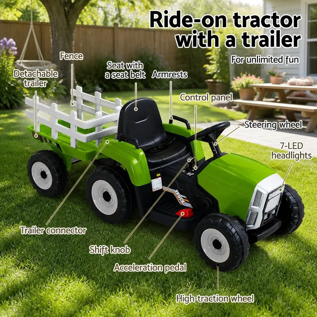 Kids Ride On Tractor 12V Electric Car Toy with Detachable Trailer Headlights