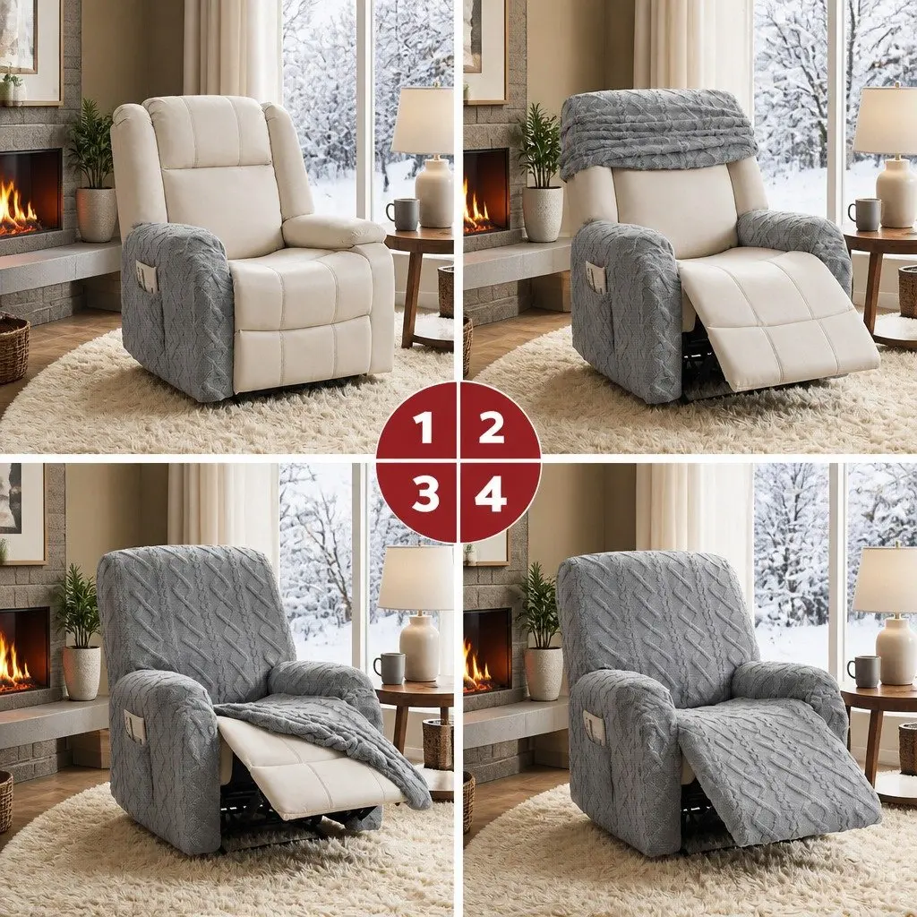Recliner Chair Cover for Living Room Grey Stretch Fabric with Side Storage Pockets