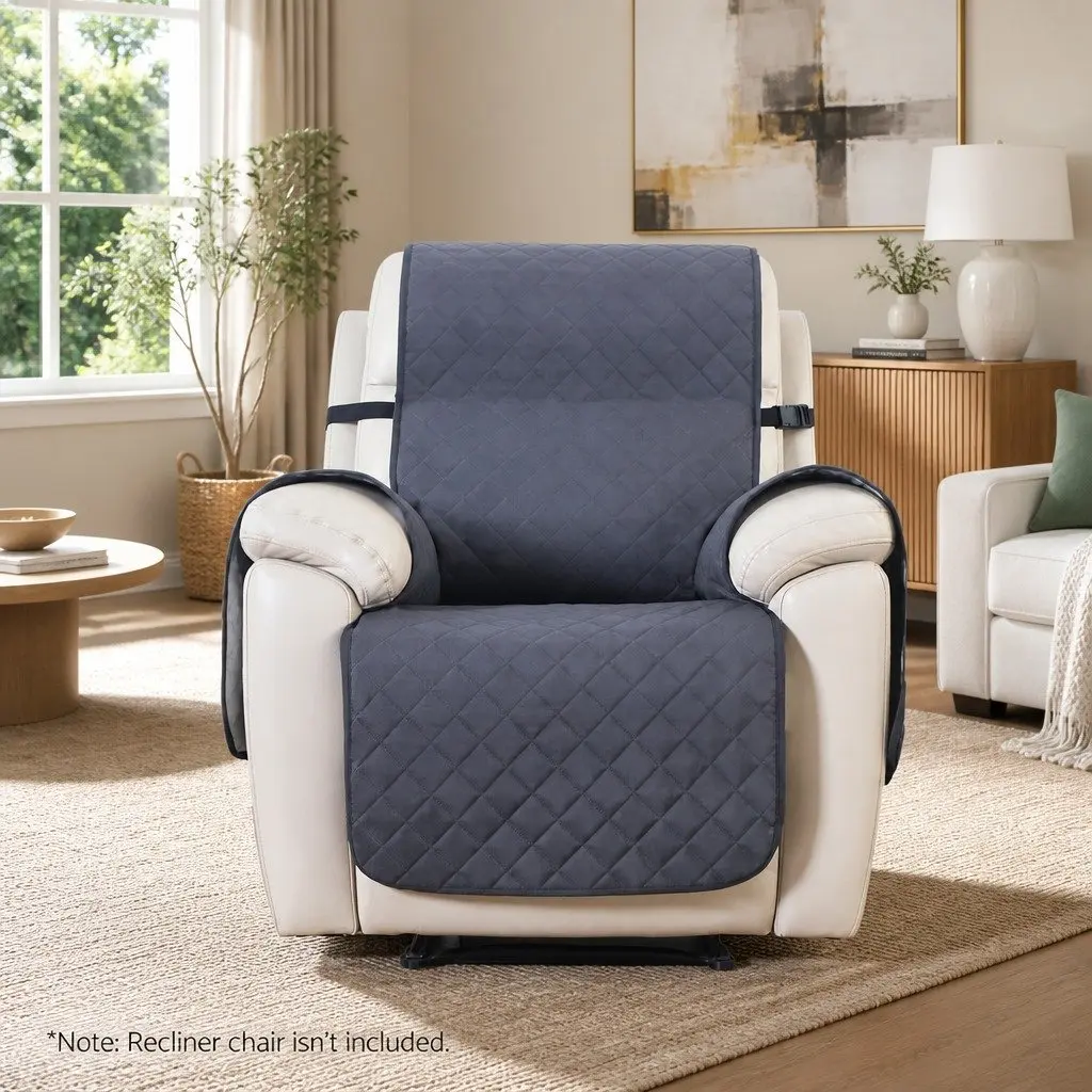 Water Resistant Recliner Chair Cover Grey Diamond Quilted Single Seat Microfibre